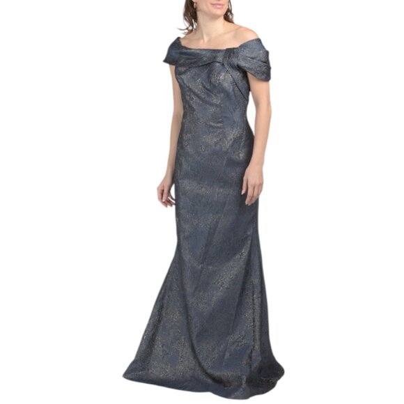 TERI JON Silver Multi Off The Shoulder Metallic Gown - Picture 1 of 2